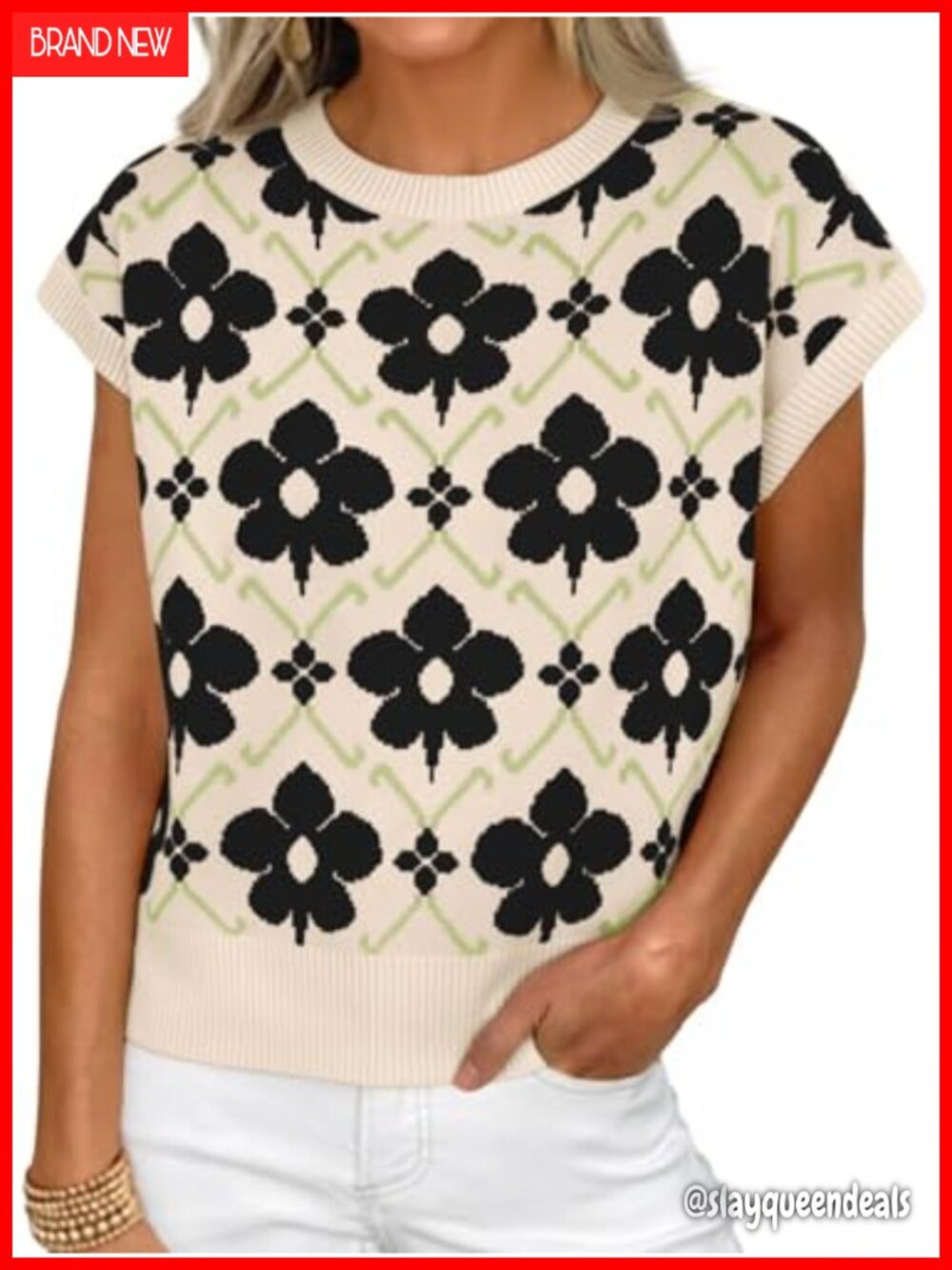 Floral Jacquard Cap Sleeve Knit Sweater Vest Crew Neck Summer Top
